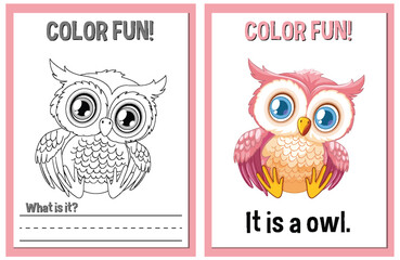 Sticker - Coloring book pages with cartoon owl illustrations