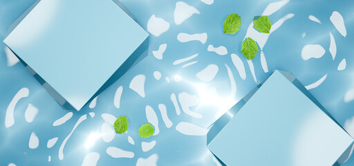 Wall Mural - Podium flat lay scene with water ripples and leaves for product presentation