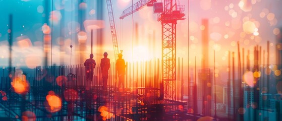 Silhouetted construction workers at sunset with a vibrant, dreamy bokeh effect, capturing the essence of urban development and teamwork.