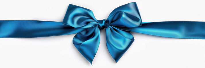 Decorative blue bow with long blue ribbon on a white background