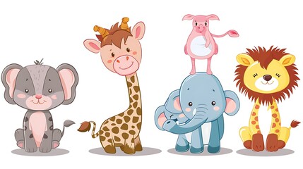  Playful and Whimsical Cartoon Animals in Simple Style on White Background