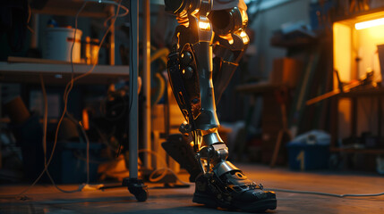 Poster - A robot with metal legs is standing on a floor. The robot is surrounded by a room with a desk, a chair, and a box. The room is dimly lit, giving it a mysterious and eerie atmosphere
