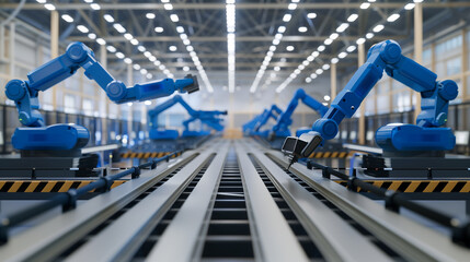 Wall Mural - A factory with robots on a conveyor belt. The robots are blue and white