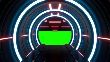 Wall Mural - Opening gate or door in dark futuristic tunnel spaceship or science laboratory corridor . Sci-fi concept design in realistic 3d style. Digital animation with green screen background.
