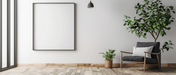 Elegant living room setup with a blank white wall, wooden flooring, and a designer armchair on the right