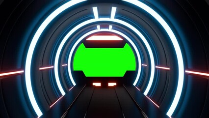 Wall Mural - Opening gate or door in dark futuristic tunnel spaceship or science laboratory corridor . Sci-fi concept design in realistic 3d style. Digital animation with green screen background.