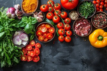 A variety of fresh produce and spices arranged on a dark background, ideal for culinary themes