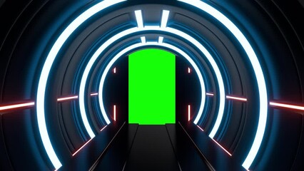 Wall Mural - Opening gate or door in dark futuristic tunnel spaceship or science laboratory corridor . Sci-fi concept design in realistic 3d style. Digital animation with green screen background.