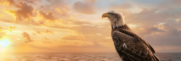 Wall Mural - A beautiful confident eagle sits on the background of the sky and the sea at sunset. Copy space for advertising text