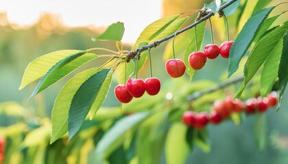 Wall Mural - cherries on the tree, red cherries on a branch, Closeup of  sweet cherry tree branches with ripe juicy berries in garden. Harvest time