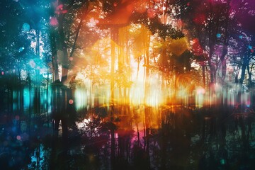 Vivid and colorful abstract forest scene with glowing lights and mystical atmosphere, perfect for creative and imaginative projects.