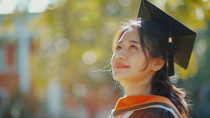 woman in her graduation gown and cap on the university campus with a blurred background