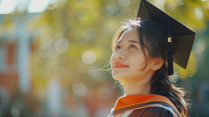 Wall Mural - woman in her graduation gown and cap on the university campus with a blurred background