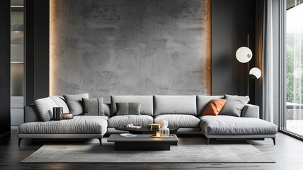 Wall Mural - Modern interior design of a living room with a grey sofa and white wall background