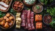 © Aliaksandra - various plant-based meat alternatives like tempeh, seitan, and jackfruit displayed on a wooden table, representing the concept of meat substitutes