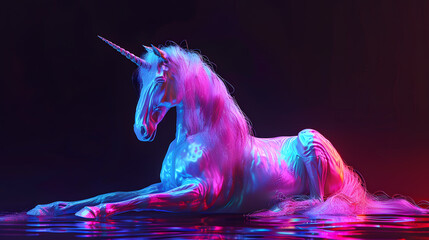 Futuristic digital art of unicorn in neon colors isolated on black background.