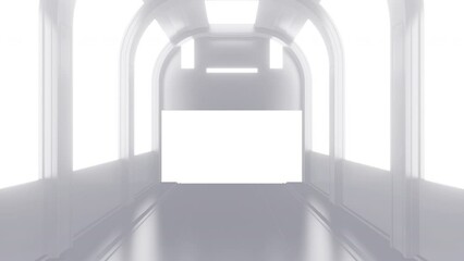 Wall Mural - Opening gate or door in white futuristic tunnel spaceship or science laboratory corridor . Sci-fi concept design in realistic 3d style. Digital animation with alpha matte channel.