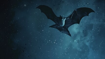 A bat flying in the night sky. --ar 16:9 --style raw Job ID: 53e62fef-2d18-40bd-b566-c30cbe46cb76