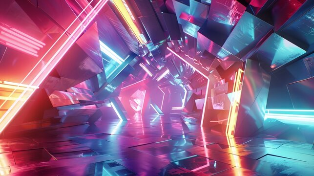 abstract futuristic geometric shapes and forms made of neon light tubes