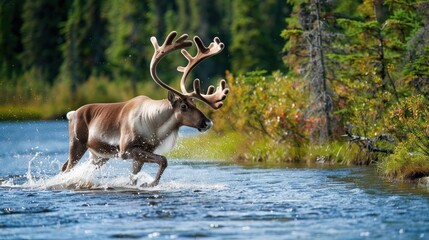 A caribou crossing a river. --ar 16:9 --style raw Job ID: f879a115-1ff6-40c3-a00e-03c047993df7