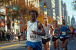 © Nena Photo - An intense moment during a city marathon with a focused runner leading ahead of the group, conveying determination and competitiveness