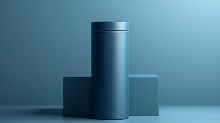 A blue canister sits on top of two blue blocks