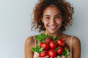 Smiling woman holding a bunch of fresh tomatoes and herbs, promoting healthy eating