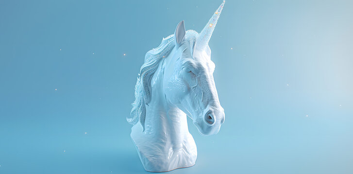 White unicorn head statue, sculpture isolated on blue background. 