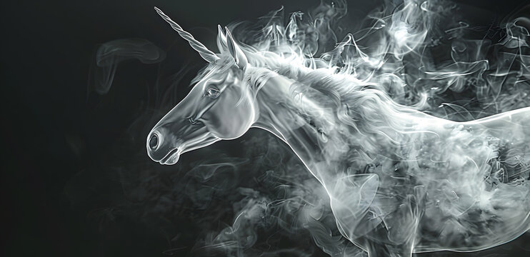 Gorgeous white unicorn made of mystery smoke isolated on a black background