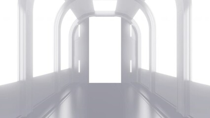 Wall Mural - Opening gate or door in white futuristic tunnel spaceship or science laboratory corridor . Sci-fi concept design in realistic 3d style. Digital animation with alpha matte channel.