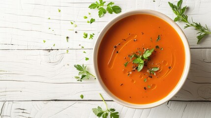 Wall Mural - Healthy Vegetable Soup in a Bowl on a White Wooden Surface