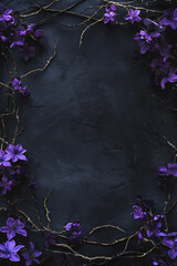 gothic fantasy dark background surrounded by dry branches, thorns, ivy, and purple flowers. black ol