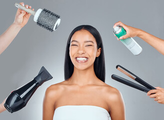 Wall Mural - Happy woman, portrait and hair with hands for styling, treatment or keratin on a white studio background. Female person or young model with smile for cosmetics, straightener and brazilian blow out