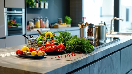 A kitchen counter is covered with a variety of vegetables and fruits generated by AI