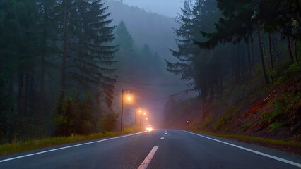 Wall Mural - long winding road through a dark forest at dusk.