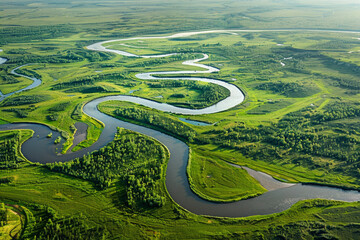 Aerial view of winding rivers with meanders, highlighting the natural curves and contrast with the surrounding landscape.