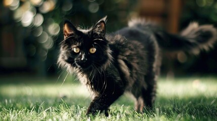 Wall Mural -    a cat resting on a green lawn surrounded by out-of-focus tree trunks in the backdrop