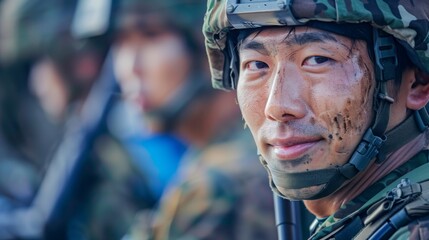 迷彩服を着た日本人男性の兵士
