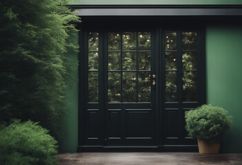 Black front door of green house with trees