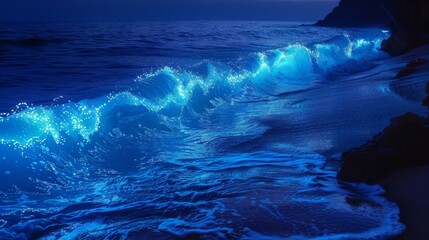 Wall Mural - Electric blue waves crashing against the shore each crest illuminated by flickers of bioluminescence.