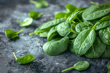 Close-up of fresh green spinach leaves on a gray textured background.