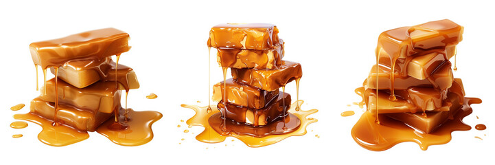 Wall Mural -  Set of A of molten caramel blocks, dynamic in their rich details and glossy finish, exuding a very delicious and enticing appeal ,on a transparent background