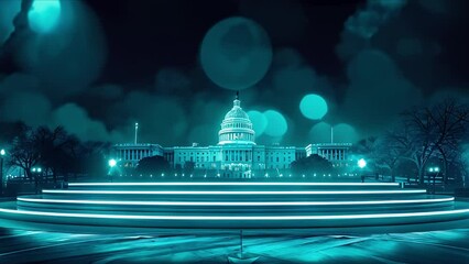 Wall Mural - Circular grunge political debate stage set against the backdrop of the USA Capitol building. Concept Political Debate Stage Design, USA Capitol Backdrop, Grunge Theme, Circular Set Design