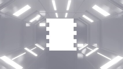 Wall Mural - Opening gate or door in white futuristic tunnel spaceship or science laboratory corridor . Sci-fi concept design in realistic 3d style. Digital animation with alpha matte channel.