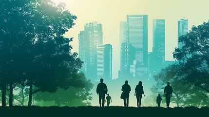 The image shows a group of people walking in a park with a cityscape in the background.