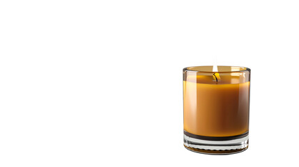 A lit brown candle in a clear glass holder, providing a warm and cozy ambiance. Perfect for home decor and relaxation.