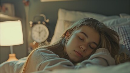 Canvas Print - Sleeping woman and child on bed in cozy bedroom, surrounded by pillows and blankets, smiling peacefully