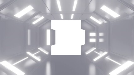 Wall Mural - Opening gate or door in white futuristic tunnel spaceship or science laboratory corridor . Sci-fi concept design in realistic 3d style. Digital animation with alpha matte channel.