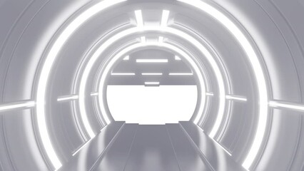 Wall Mural - Opening gate or door in white futuristic tunnel spaceship or science laboratory corridor . Sci-fi concept design in realistic 3d style. Digital animation with alpha matte channel.