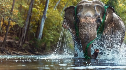 Poster -   An elephant splashes in a body of water with its trunk raised high